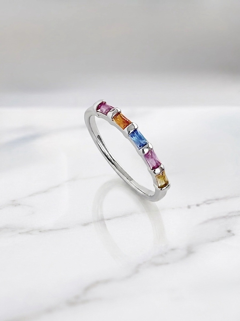 Platinum Plated Multicolor Baguette Crystal Ring | Silver Stackable Band Ring